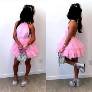Klesis Tutu Backless Halter Mini Dress Pink Small